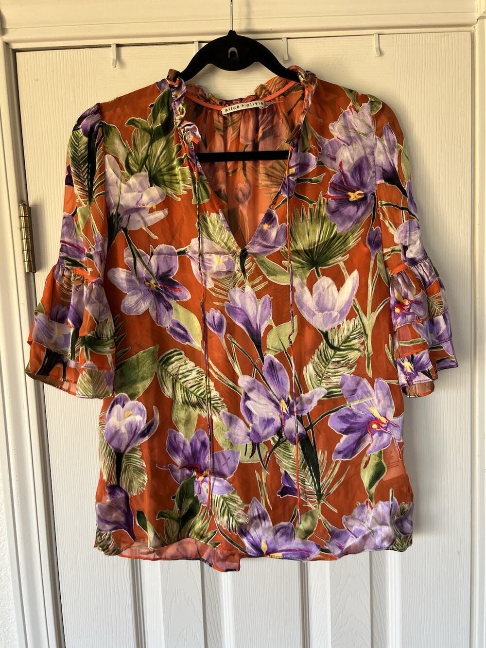 NEW Alice + Olivia Julius Floral-Print Tiered-Sleeve Ruffle Tunic Top Small Silk